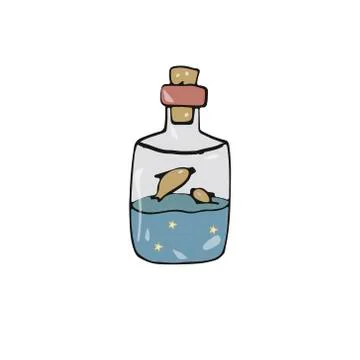 Bottle clip art drawing magic gold fish character color texture vector fantas Stock Illustration