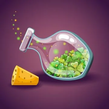 Bottle with clover leaf, magic elixir Illustrazione stock