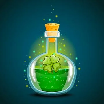 Bottle with clover leaf, magic elixir Stock Illustration