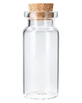 Bottle with cork stopper. Clear, empty, small, mini glass jar bottle Stock Photos