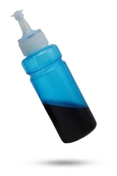 Bottle of cyan ink for inkjet printer isolated on white background Stock Photos