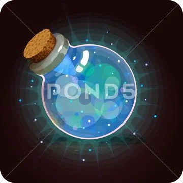 Bottle cyan shine.Game icon of magic elixir. Stock Illustration