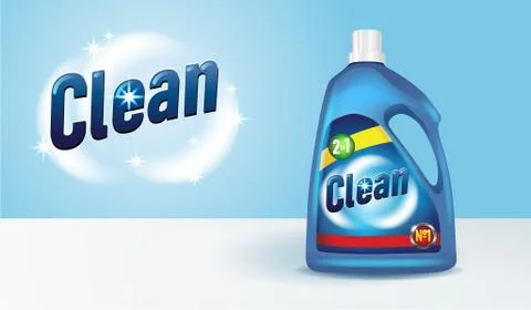Bottle of detergent with label 3D mockup. Cleaning product realistic design Stock-Illustration