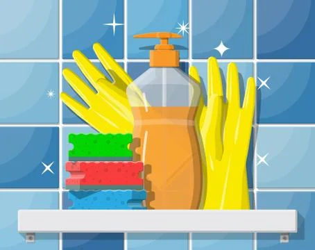 Bottle of detergent, sponge and rubber gloves. Stock Illustration