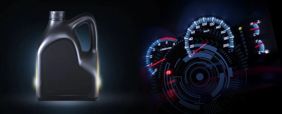 Bottle of engine oil with Speedometer black background. Energy fuel concept Stock Illustration
