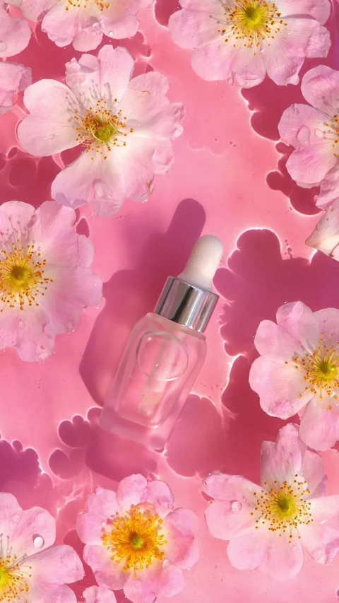 A bottle of essential oil and rose hip flowers floating in a pink pool Stock-Footage 337497978