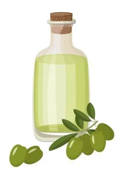 Bottle of Extra virgin healthy Olive oil and fresh green olives with leaves. Stock Illustration