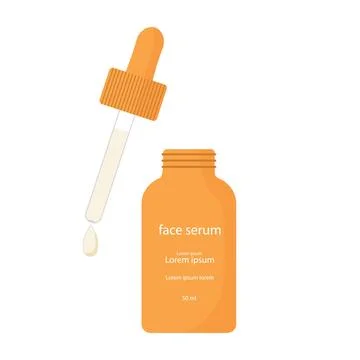 Bottle of face serum with dropper and liquid drop shown against white backg.. Stock Illustration