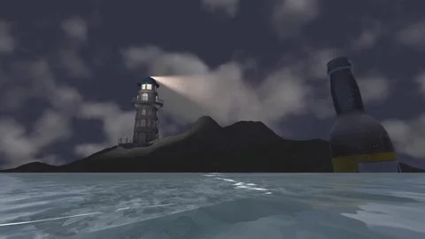 Bottle Floating In The Ocean Near Lighthouse At Night | 4K Animation Render Stock Footage 266690006