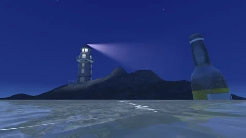 Bottle Floating In The Ocean Near Lighthouse At Night | 4K Animation Render Stock Footage 266691460
