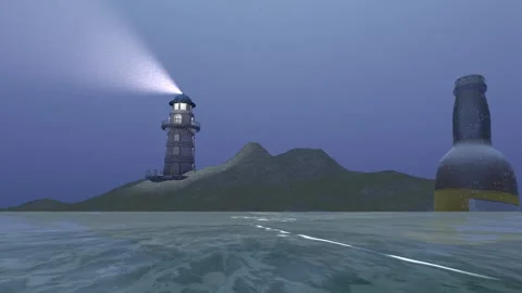 Bottle Floating In The Ocean Near Lighthouse At Dusk | 4K Animation Render Stock Footage 266692655
