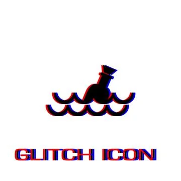 Bottle floating on waves icon flat. Stock Illustration