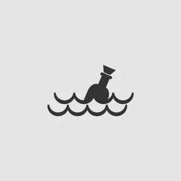 Bottle floating on waves icon flat. Stock Illustration