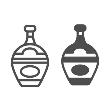 Bottle of gin, liqueur, brady, cognac line and solid icon, bar concept Stock Illustration