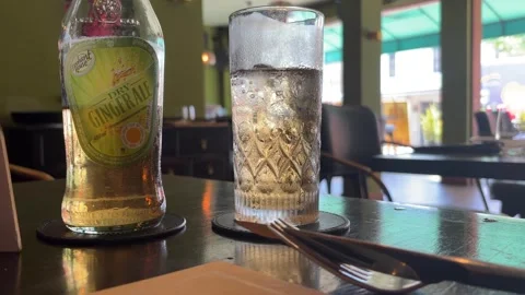 Bottle of Ginger Ale on Bar Table Restaurant Drink Close Up Stock Footage 333862879