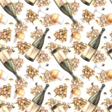 A bottle, glass of wine bunch of grapes, berries. Seamless pattern Watercolour Stock Illustration