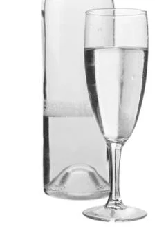 Bottle half-filled with water, empty glass on white background. Stock Photos