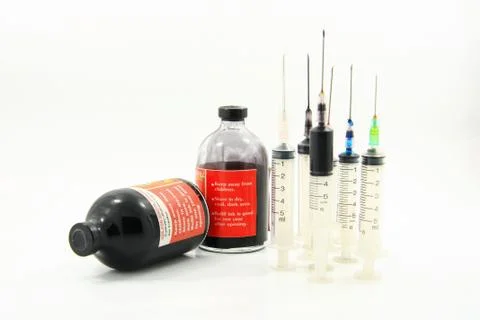 Bottle ink and syringe for printer Stock Photos