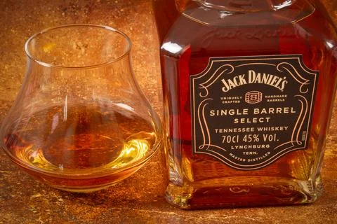 Bottle of Jack Daniel's brand single barrel whiskey, close-up Stock Photos