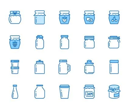 Bottle of jam flat line icons. Glass packaging for fruit confiture, raspberry Illustrazione stock