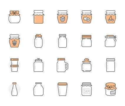 Bottle of jam flat line icons. Glass packaging for fruit confiture, raspberry イラスト素材