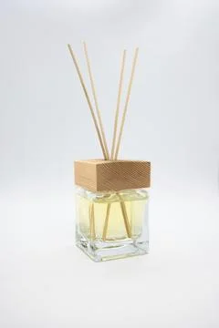 A Bottle of Lavender Fragrant Oil Diffuser with Reed Sticks, isolated on white Foto stock