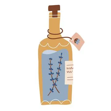 Bottle of Lavender oil with fresh flowers on branches. Creative handicraft Stock Illustration