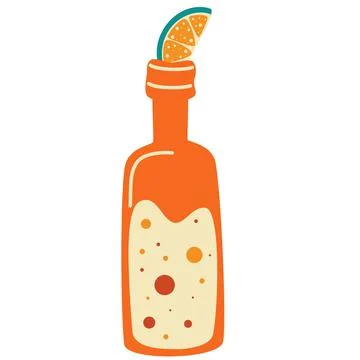 Bottle of lemonade and a slice of lemon. Hand drawn cocktails vector illustra Illustrazione stock
