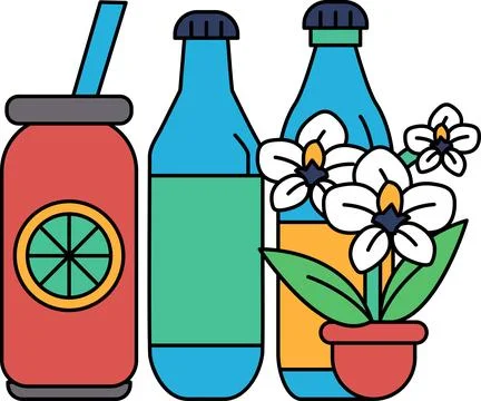 A bottle of lemonade sits next to a bottle of soda and a potted plant Stock Illustration
