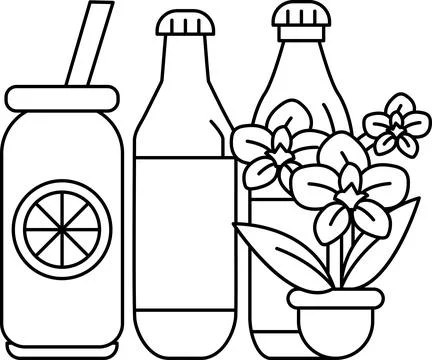 A bottle of lemonade sits next to a bottle of soda and a potted plant Stock Illustration