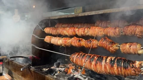 Bottle lined kokorech, lamb intestine meal, turkish kokorec , Turkish Street Video stock 250464258