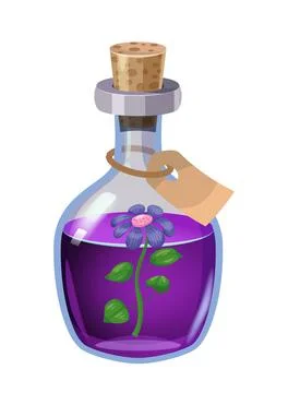 Bottle magic potion with flower. Game icon asset, glass, liquid elixir, poisine Stock Illustration