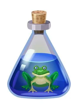 Bottle magic potion with frog. Game icon asset, glass, liquid elixir, poisine Stock Illustration