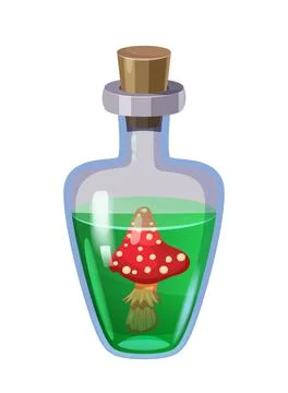 Bottle magic potion with mushroom. Game icon asset, glass, liquid elixir Stock Illustration