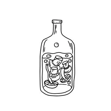 Bottle of magic potion with mushrooms. Hand drawn vector illustration in dood Stock Illustration