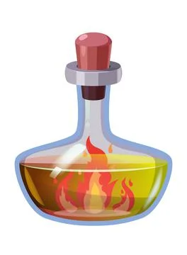 Bottle magic potion with power fire. Game icon asset, glass, liquid elixir Stock Illustration