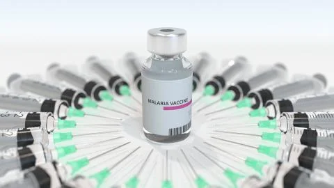 Bottle with malaria vaccine and syringes. Conceptual medical 3D rendering Stock Illustration