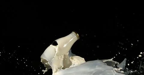 Bottle of Milk Exploding against Black Background Stock Photos