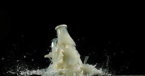 Bottle of Milk Exploding against Black Background Stock Photos