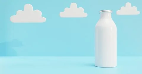 A bottle of milk on the table against the background of clouds Stock Illustration