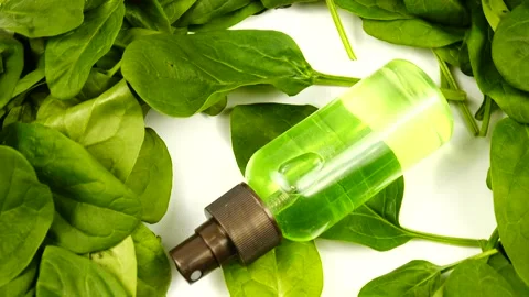 Bottle of natural spinach based lotion among fresh spinach leaves Stock Footage 171086327