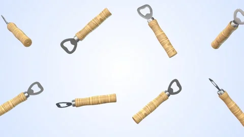 Bottle Openers Falling on a Light Blue Background. Vintage Bottle Openers. 4K Stock Footage 302459200