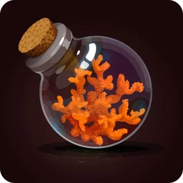 Bottle with orange corals.Game icon of magic elixir. Stock Illustration