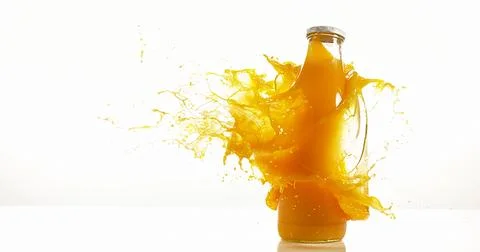Bottle of Orange Exploding against White Background 스톡 사진