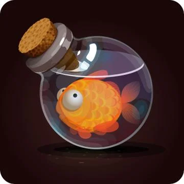 Bottle with orange fish.Game icon of magic elixir. Stock Illustration