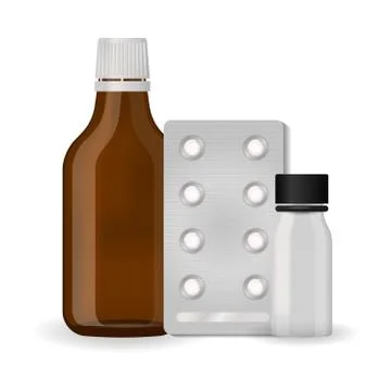 Bottle pack template mockup blank pharmaceutical blister of pills and capsules Stock Illustration