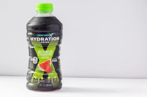 A bottle of Performix Hydration Drink in watermelon strawberry flavor on a .. Stock Photos