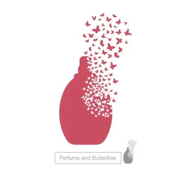Bottle of perfume with effect of destruction. Dispersion. Butterfly, moth. Bu Illustration