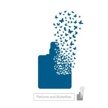 Bottle of perfume with effect of destruction. Dispersion. Butterfly, moth. Bu Illustration