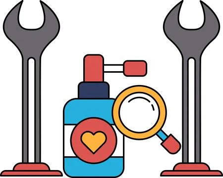 A bottle of perfume is next to a pair of wrenches Stock-Illustration